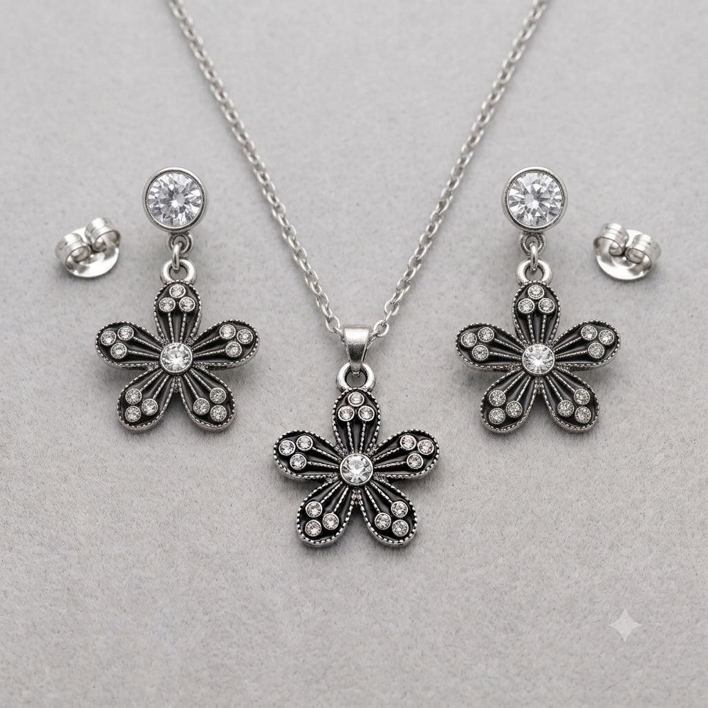 Antique Silver Flower Crystal Pendant and Earrings Set