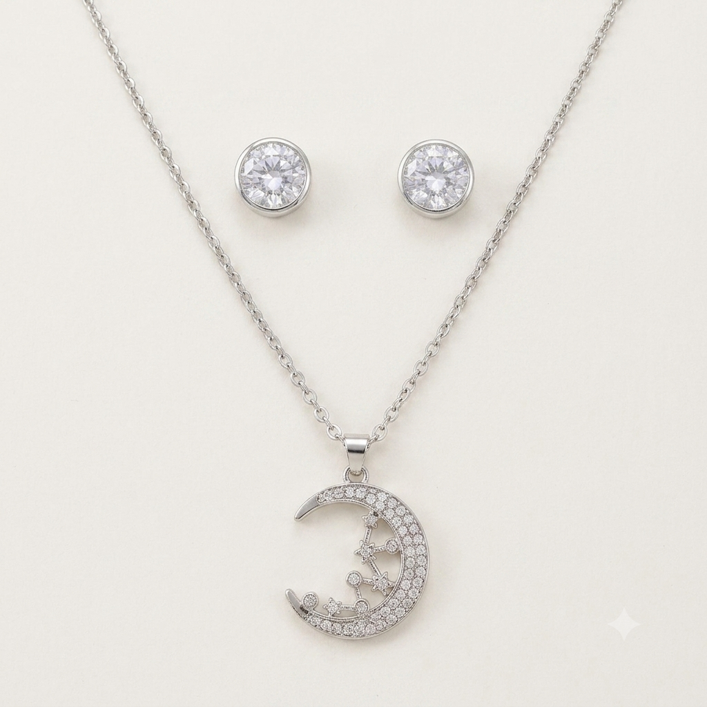 Silver Crescent Moon Crystal Pendant and Solitaire Stud Earrings Set