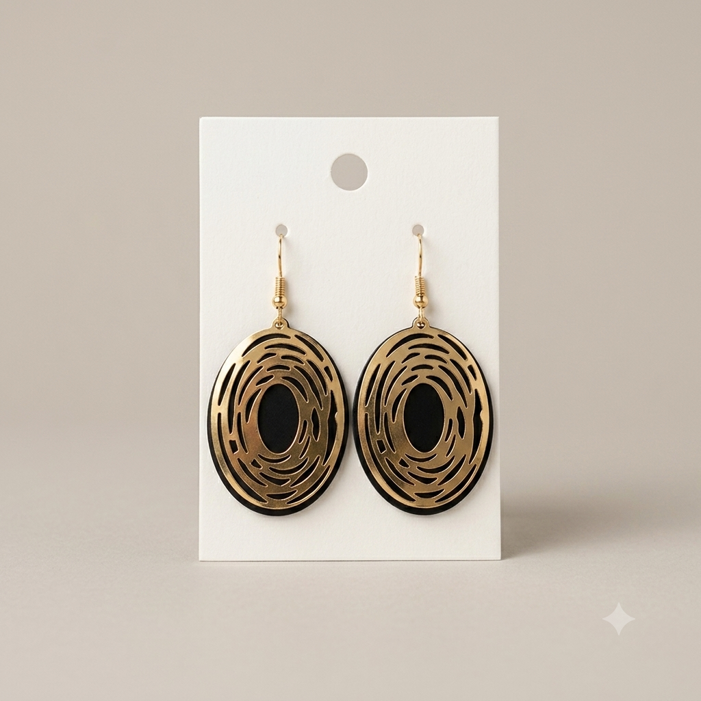 Black and Gold Filigree Cutout Oval Dangle Earrings