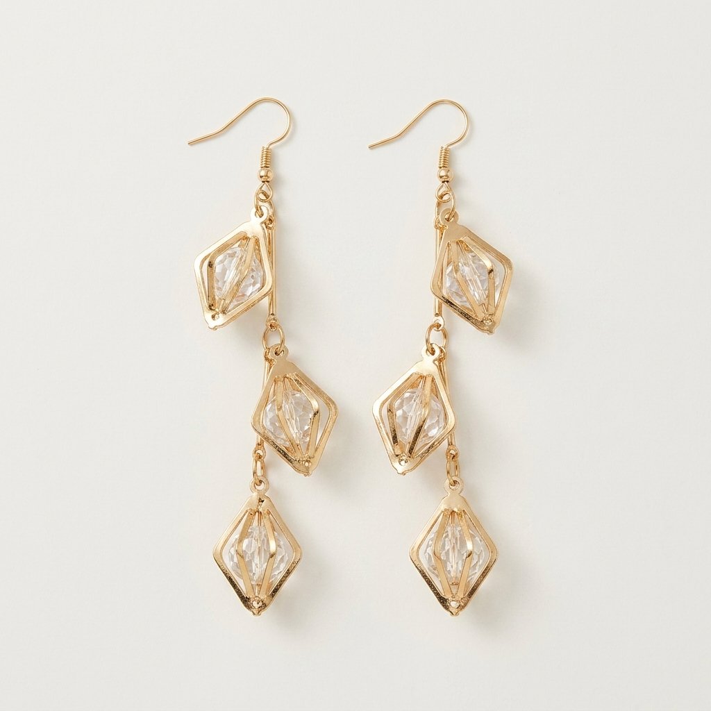 Elegant Gold 3-Tier Geometric Cage Crystal Bead Long Dangle Earrings