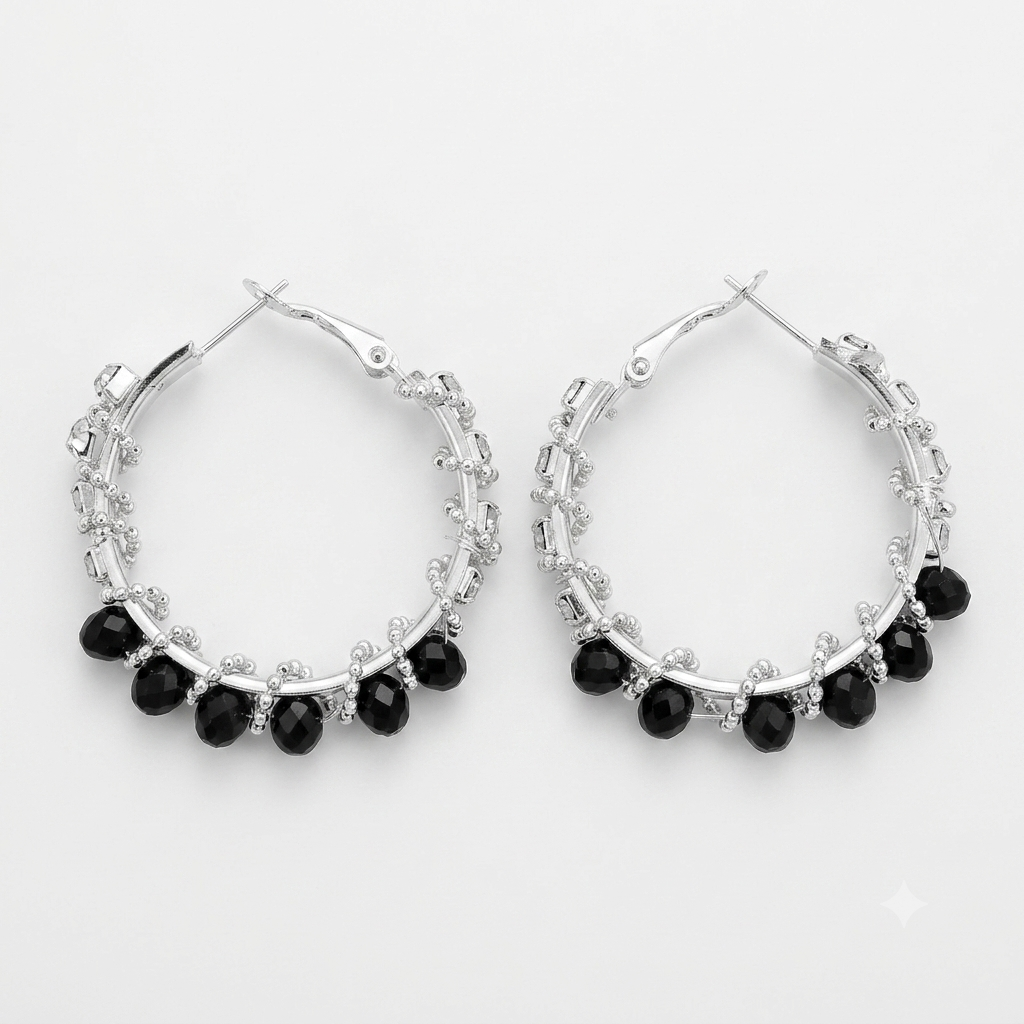 Sparkling Silver Hoop Earrings with Black Crystal Bead Fringe