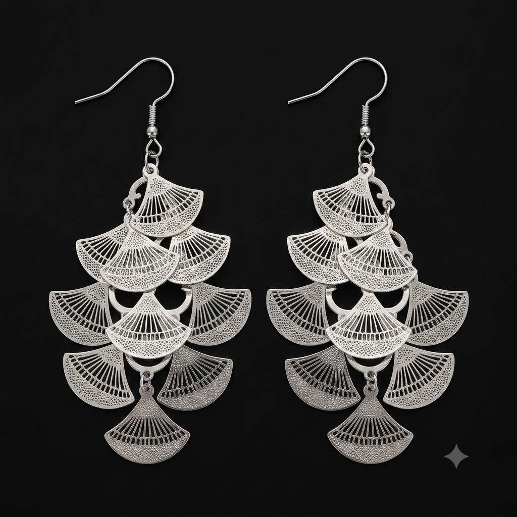 Exquisite Silver Cascading Fan Filigree Long Chandelier Earrings