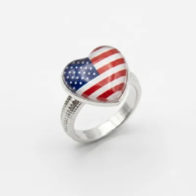 American Flag Heart Glass Cabochon Silver Statement Ring