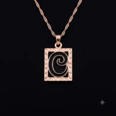 Copper Rose Gold Initial 'C' Monogram Square Pendant Chain Necklace