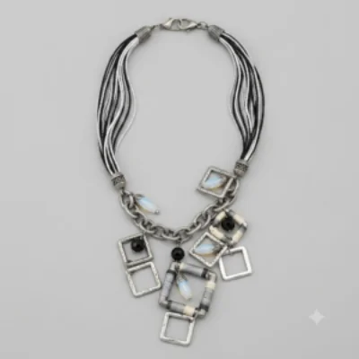 Bohemian Antique Silver Geometric Square Charm Necklace with Black & White Cords