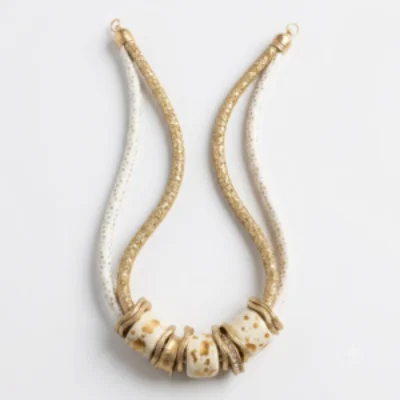 Modern Gold & Cream Statement Chunky Rope Necklace with Ceramic Beads