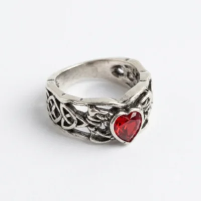 Antique Silver Red Heart Crystal Ring with Celtic Knot Band