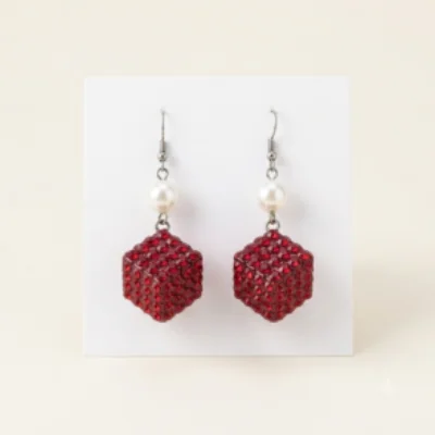 Sparkling Ruby Red Dice Dangle Earrings with Pearl Accent