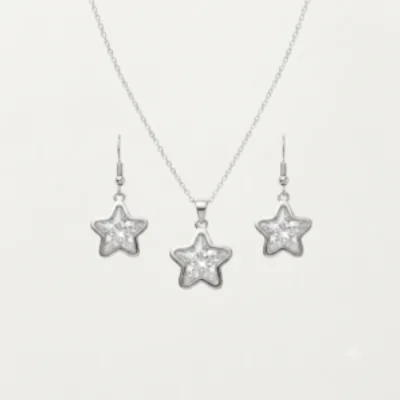 Silver Sparkling Star Crystal Pendant and Earrings Jewelry Set