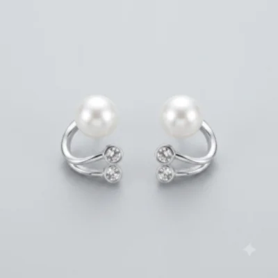 Silver Pearl Curved Stud Earrings with Twin Zircon Accents