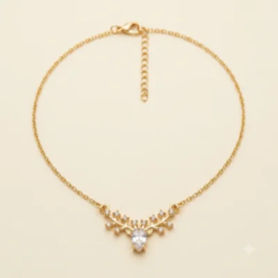 Gold Plated Deer Antler Crystal Drop Pendant Chain Necklace
