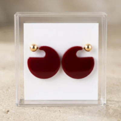 Modern Deep Brown Acrylic Open-Hoop Earrings with Gold Ball Studs