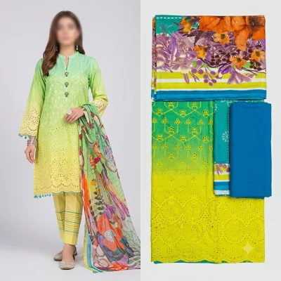 Vibrant Dual-Shade Yellow & Sea Green Linen 3-Piece Unstitched Suit with Floral Dupatta