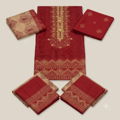 Elegant Deep Red Embroidered 3-Piece Unstitched Suit with Gold Work