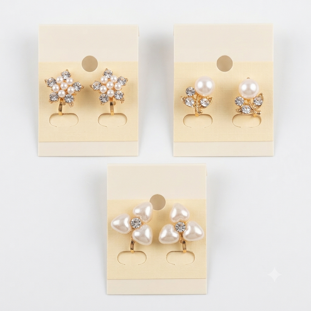 Kids Pearl & Crystal Clip-On Earrings Set - Pack of 3 Pairs