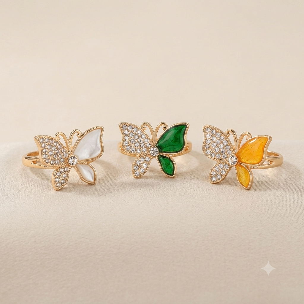 Dual-Tone Crystal & Enamel Butterfly Rings - Set of 3