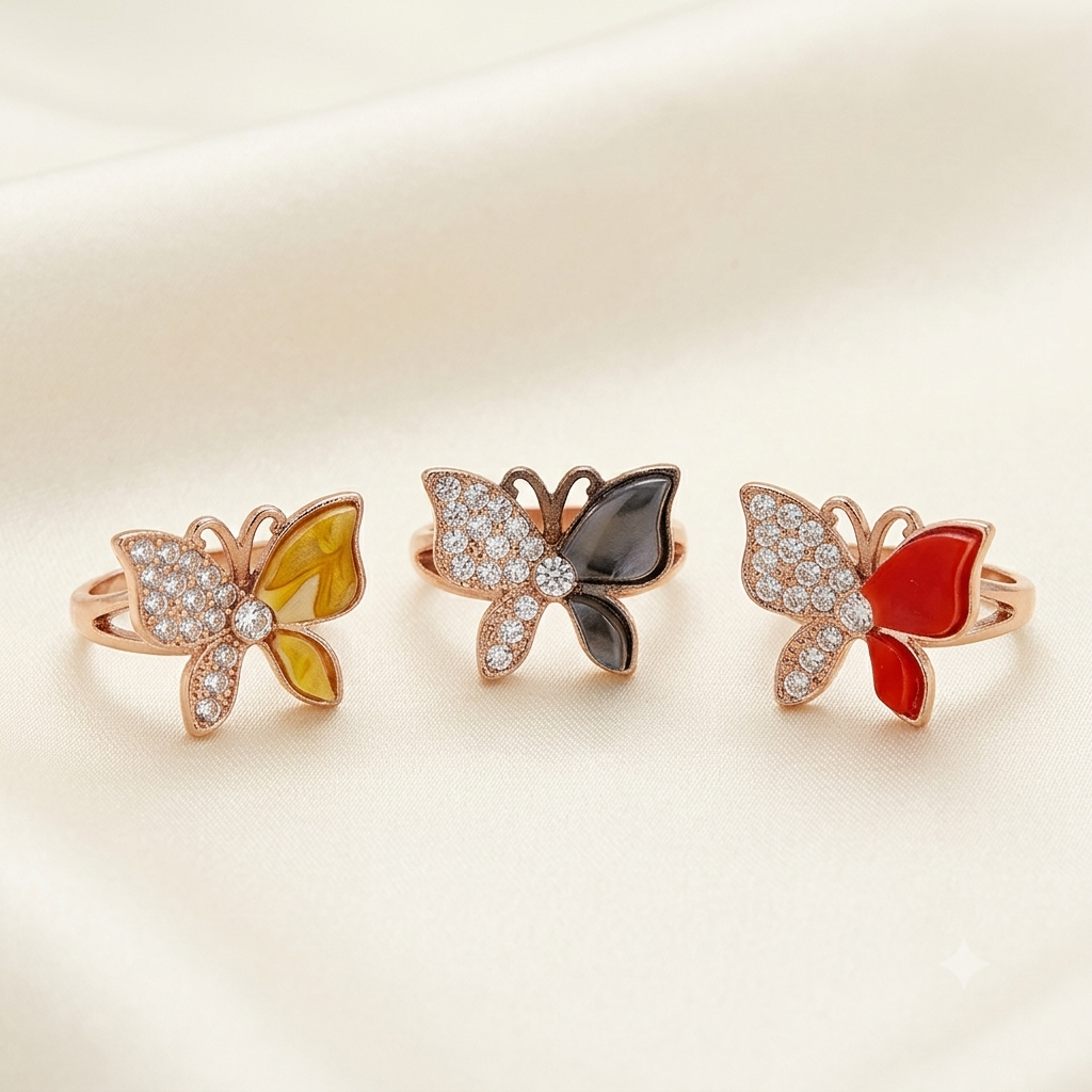 Red Black & Yellow Crystal Enamel Butterfly Rings - Set of 3