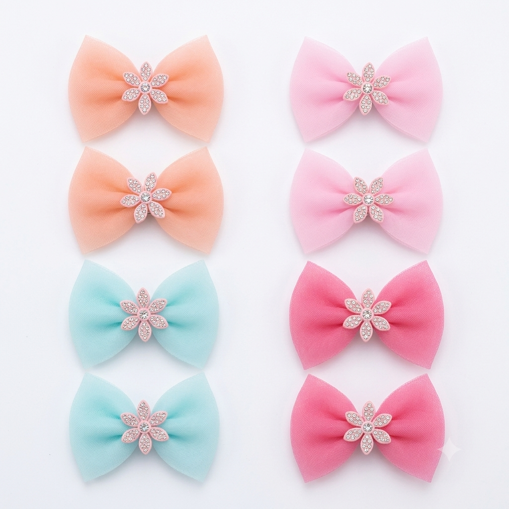 Multicolor Fancy Tulle Bow Hair Clip Set - Pack of 4 Pairs
