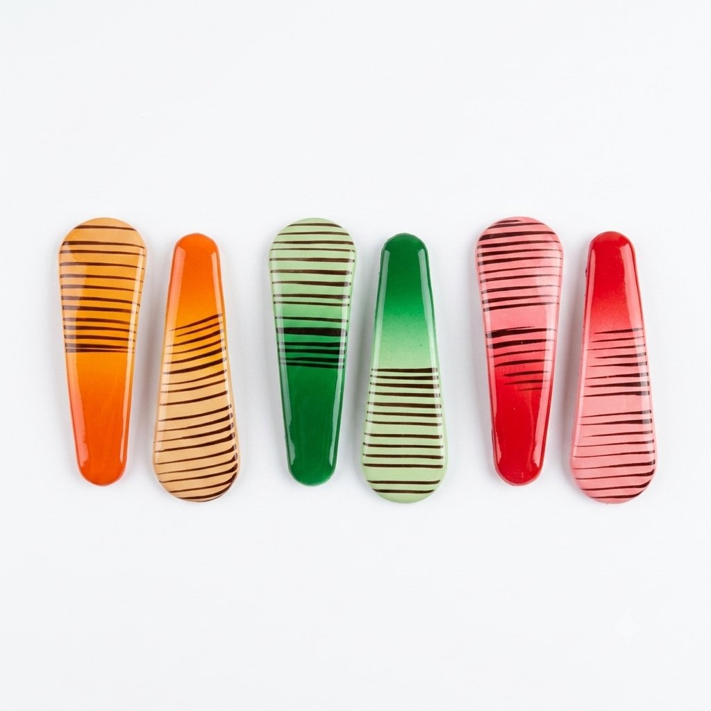 Premium Glossy Striped Snap Hair Clips - Pack of 3 Pairs (Red Green Orange)