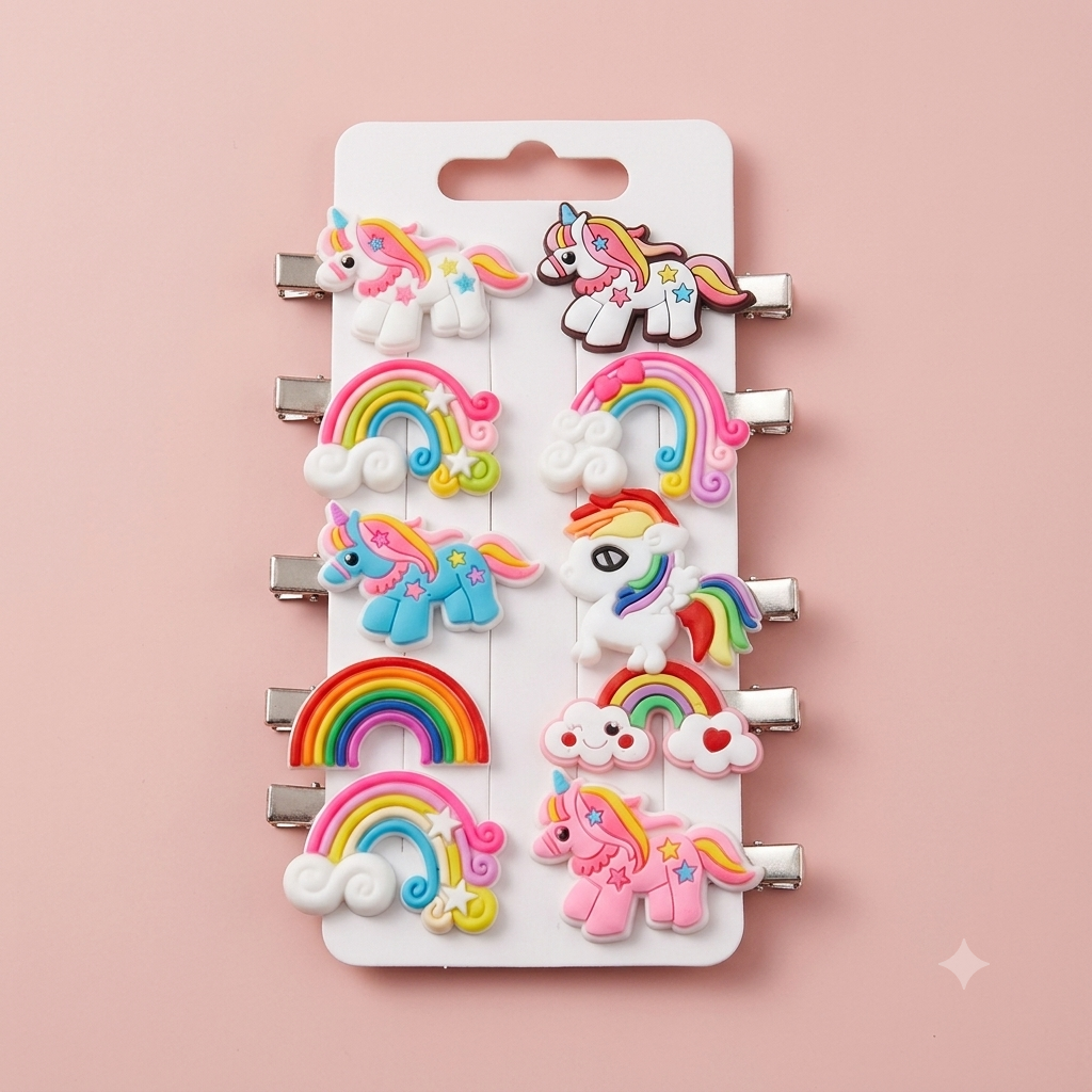Kids Cute 3D Unicorn & Rainbow Alligator Hair Clips - Pack of 10