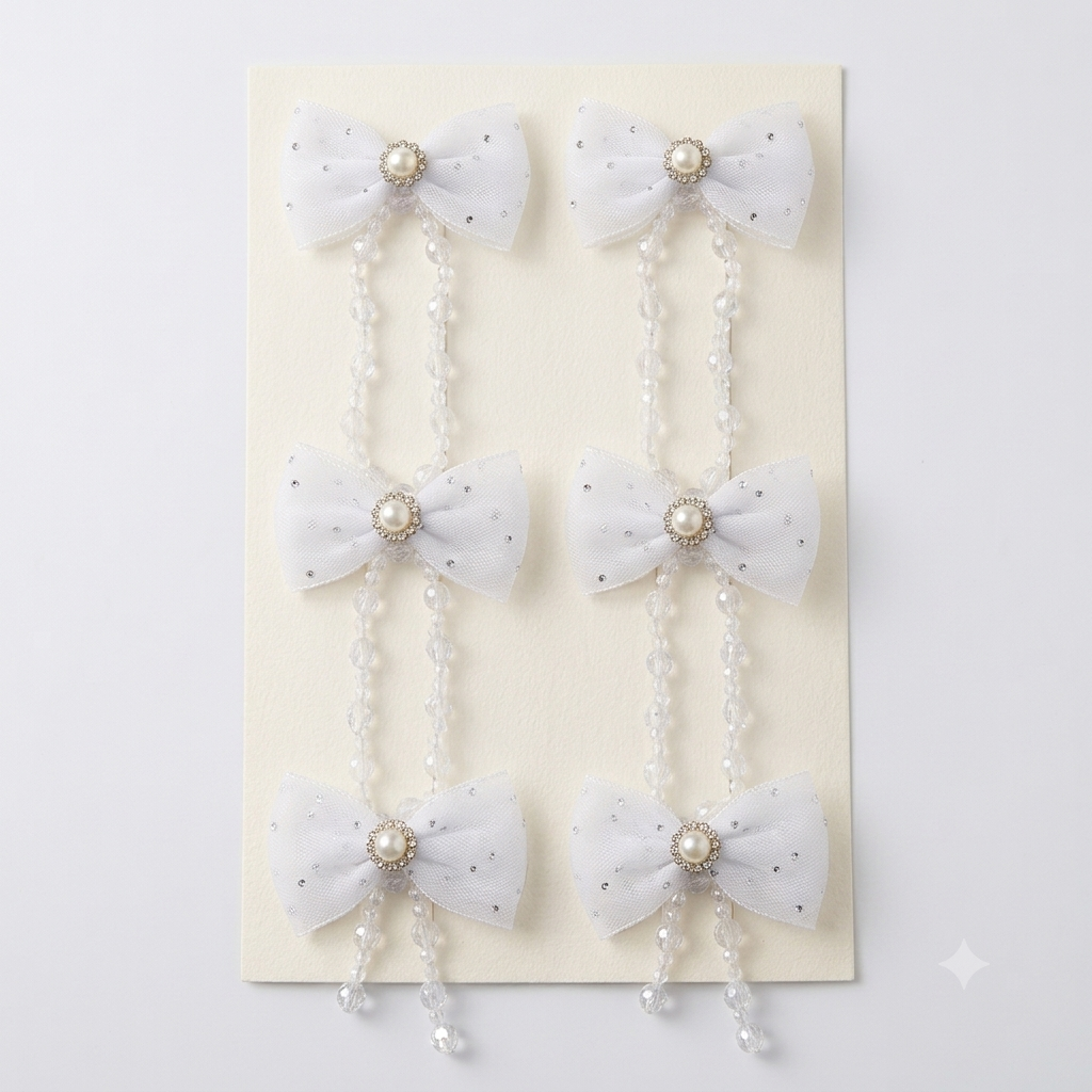 Elegant White Net Bow Hair Clips with Pearl & Crystal Beaded Dangles - Pack of 3 Pairs