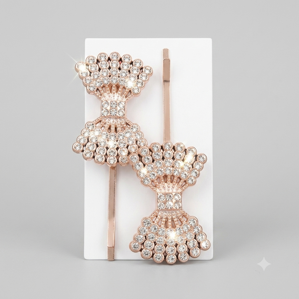 Luxury Rose Gold Rhinestone Hourglass Bow Hair Pins - Pair of 2