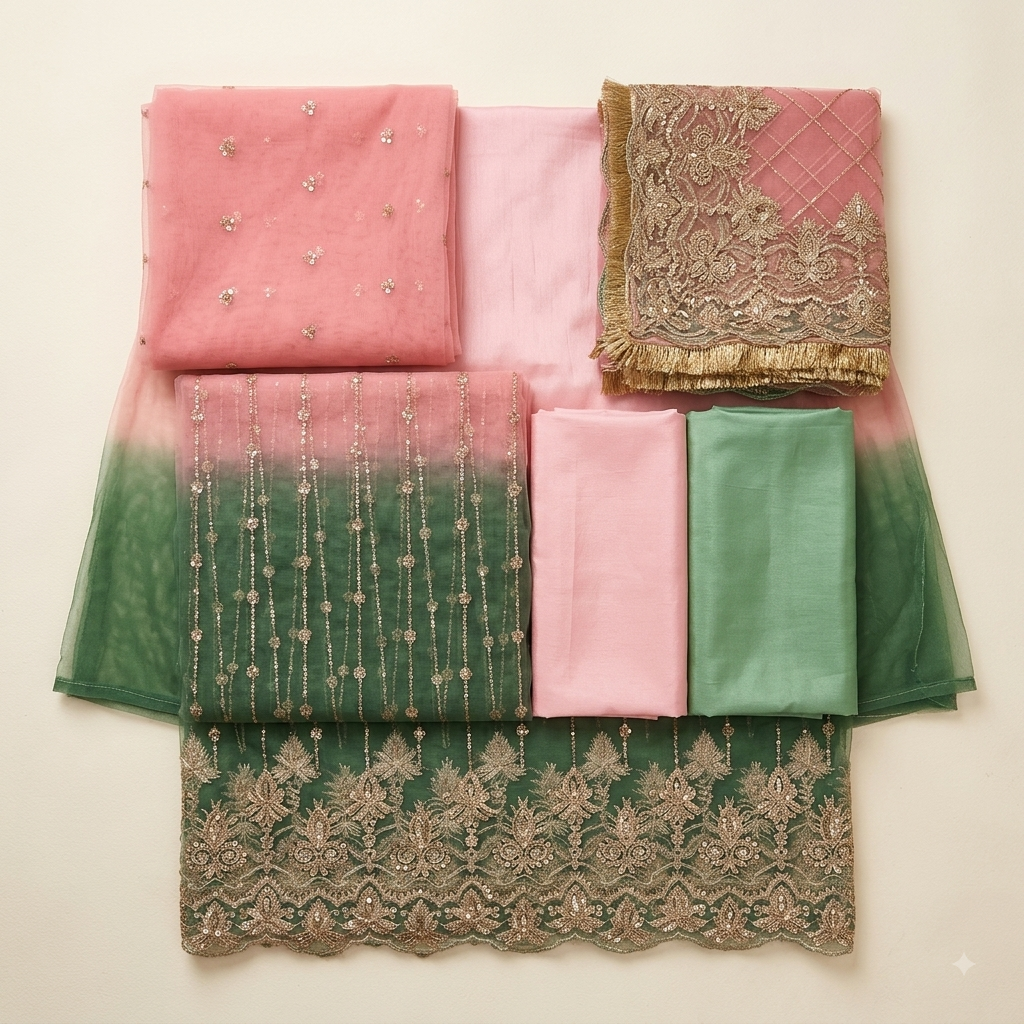 Women Dual-Tone Pink & Green Embroidered Net Sharara Suit with Lining