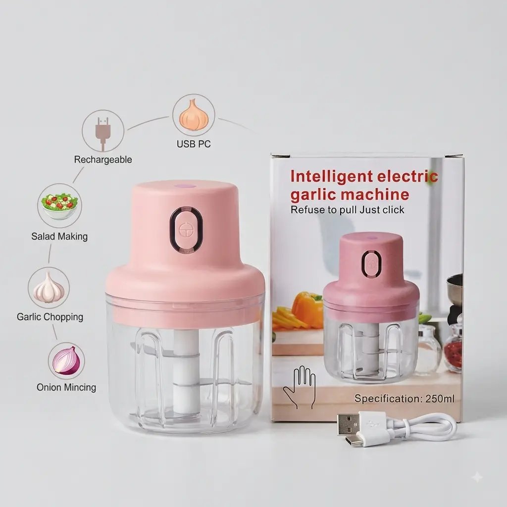 Multipurpose Electric Mini Chopper & Garlic Mincer (250ml) - USB Rechargeable