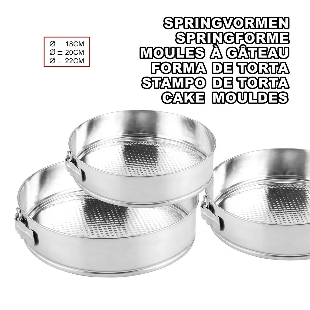 3-Piece Non-Stick Round Springform Cake Pan Set (18cm, 20cm, 22cm)