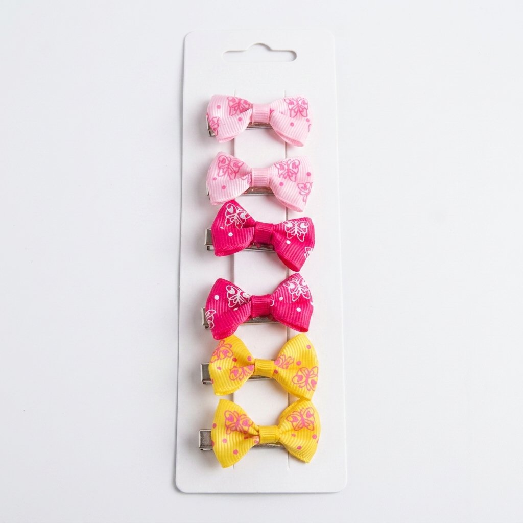 6-Piece Mini Ribbon Hair Bow Clips Set for Baby Girls (Pink, Dark Pink & Yellow)