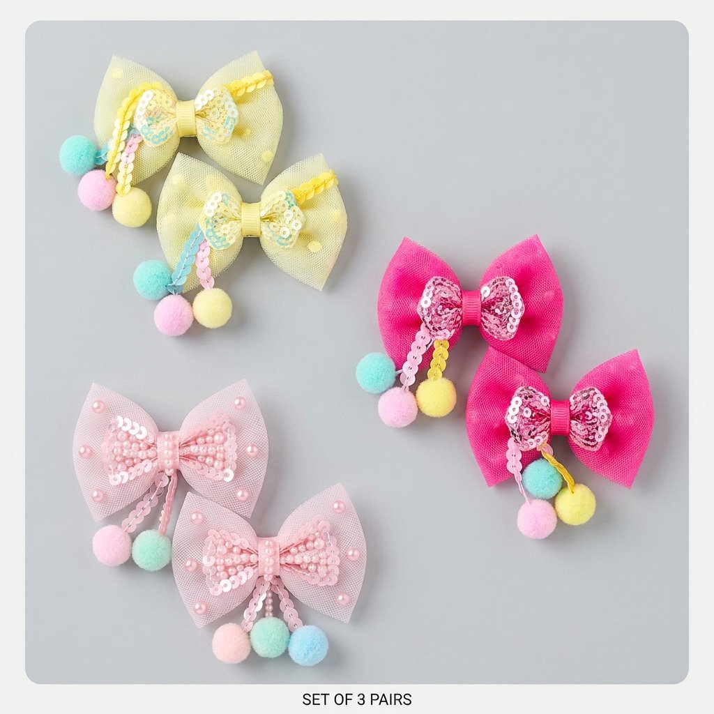 Cute Sequin Net Bow Hair Clips Set with Soft Pom-Poms for Little Girls - Pack of 6 (3 Pairs)