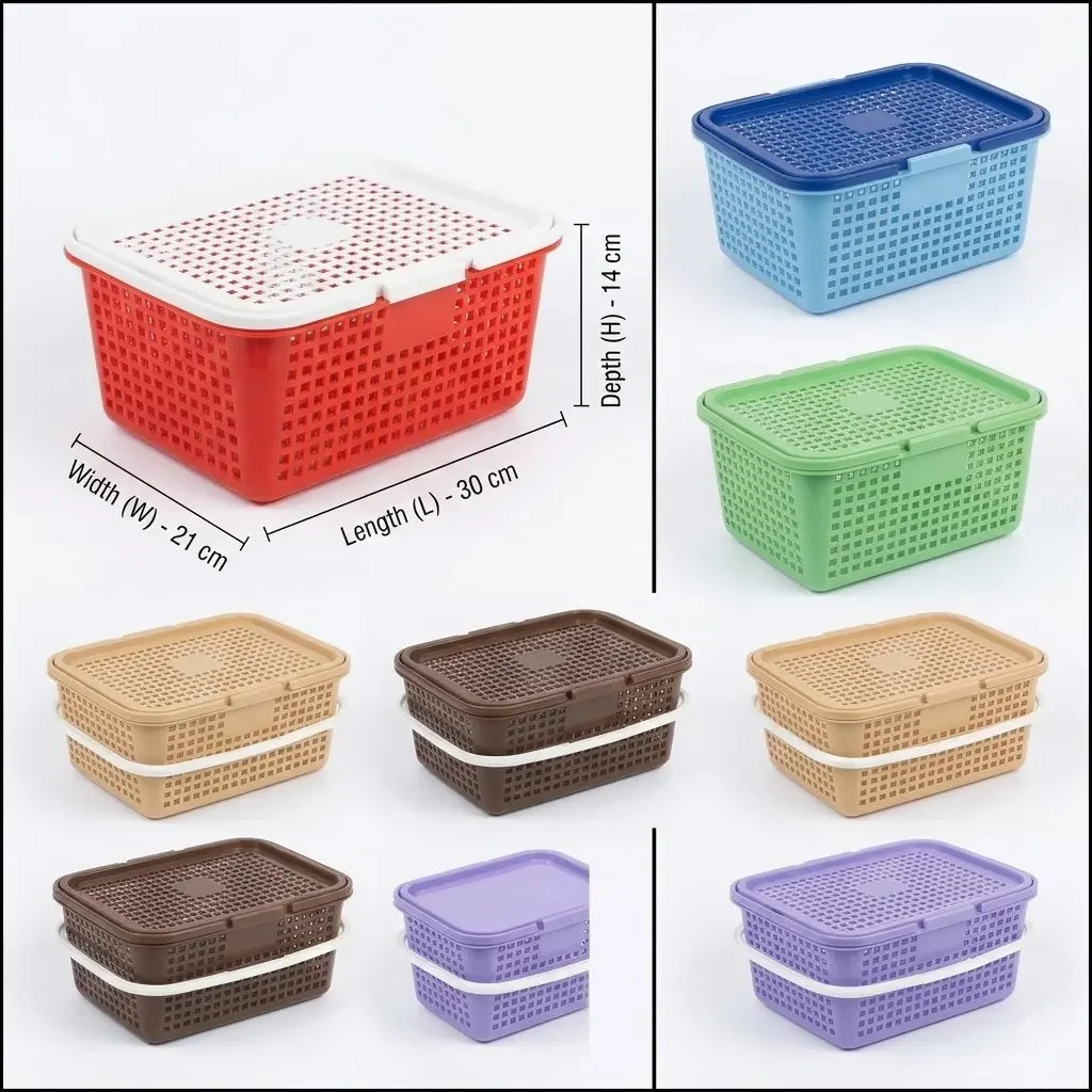 Multipurpose Plastic Storage Basket with Lid - BPA-Free Plastic Organizer Box