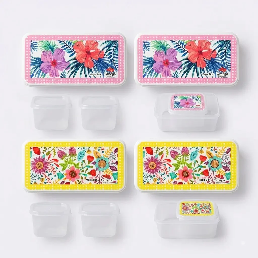 3-Piece Floral Printed Plastic Lunch Box Set - 1 Large Container with 2 Small Inner Boxes