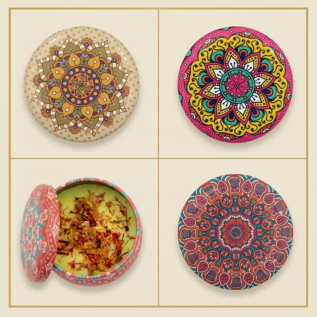 Botanical Scented Candle in Mandala Print Tin - Rose & Saffron Scent, 4 Unique Designs