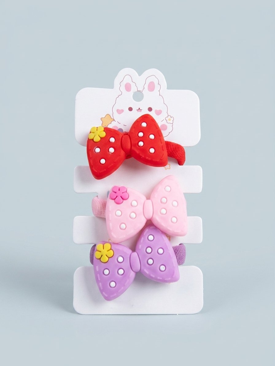 Cute Polka Dot Bow Hair Ties Set for Kids - Pack of 3 (Red, Pink & Purple)