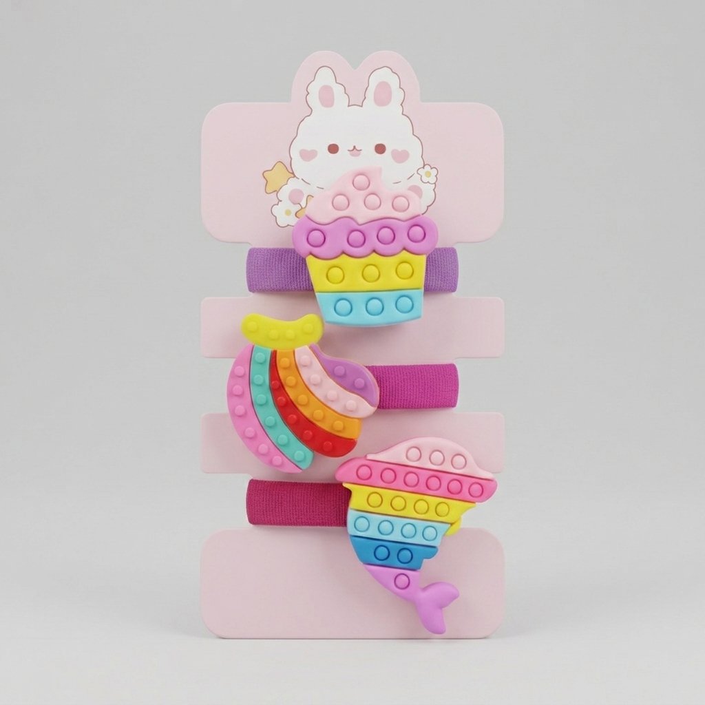 Cute Pop-It Fidget Character Hair Ties Set for Kids - Pack of 3 (Cupcake, Banana & Dolphin)