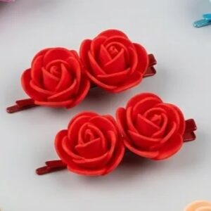 Mini Rose Flower Hair Pins Set for Girls & Kids - Pair of 2 - Red