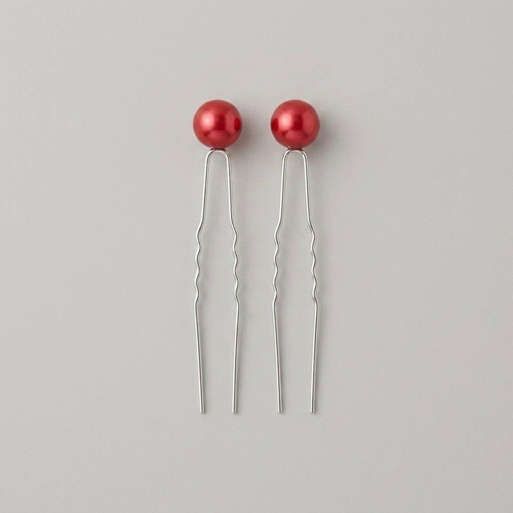 Elegant Red Pearl Hair Pins for Juda & Bridal Hairstyles - Pair of 2